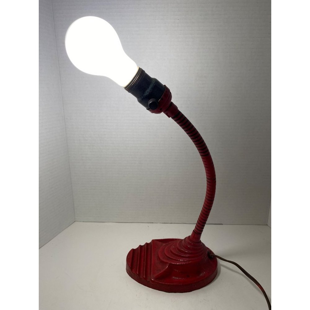Industrial Art Deco red desk lamp cast iron gooseneck no shade‎ 13"